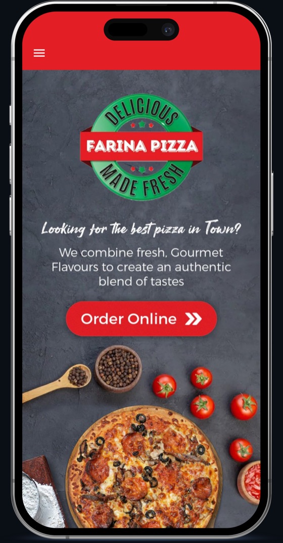 Farina Pizza food ordering app home screen