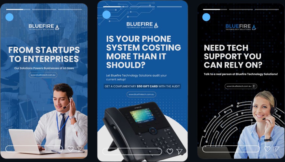 Bluefire Technology social campaign creative across three story frames