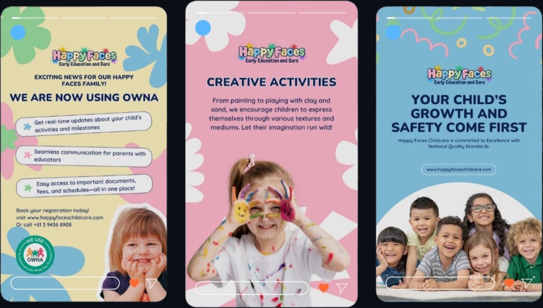 Happy Faces Childcare social campaign creative across three story frames