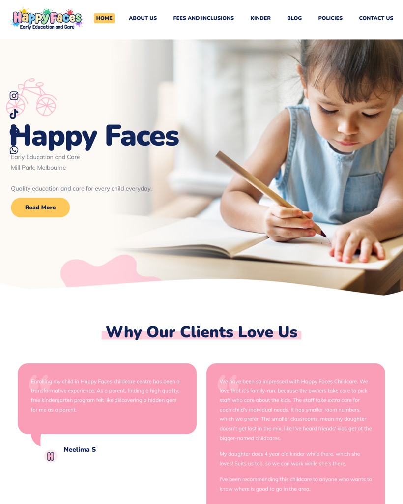Happy Faces Childcare website home page